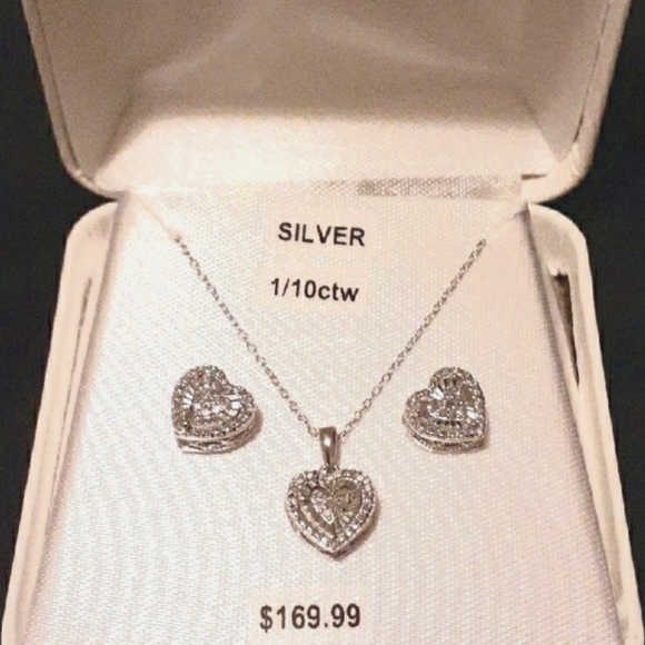1/10ctw Diamond Silver Heart Necklace/Earrings Set - Picture 1 of 2